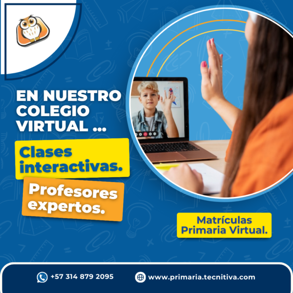 docente saludando a su alumno de primaria virtual frente al computador